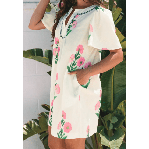 Carlette Apricot Floral Short Sleeve Split Neck Loose Mini Dress