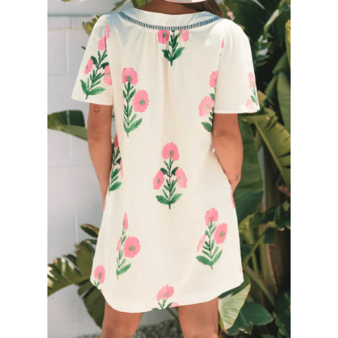 Carlette Apricot Floral Short Sleeve Split Neck Loose Mini Dress