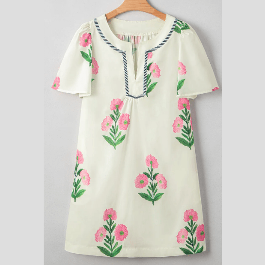 Carlette Apricot Floral Short Sleeve Split Neck Loose Mini Dress