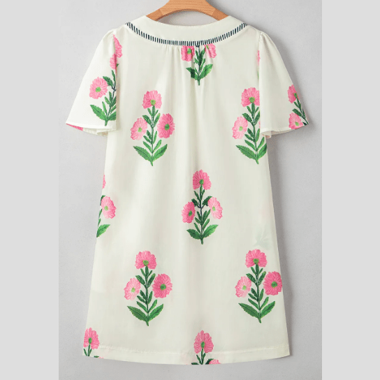 Carlette Apricot Floral Short Sleeve Split Neck Loose Mini Dress