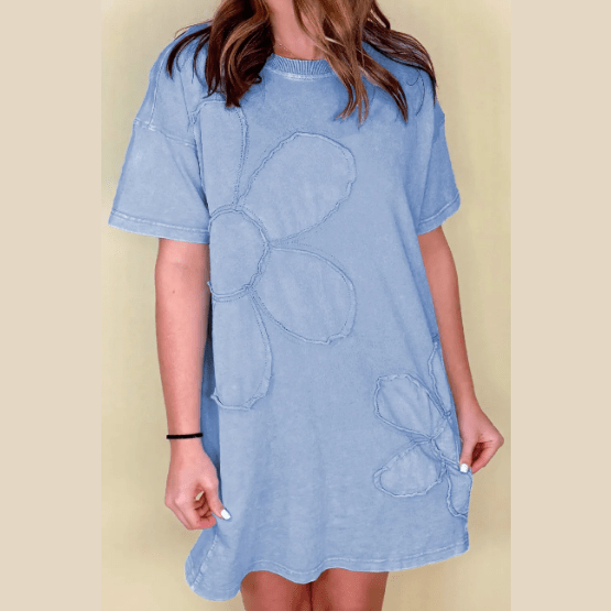 Buffy Sky Blue Mineral Wash Flower Patchwork Mini T Shirt Dress