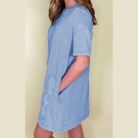 Buffy Sky Blue Mineral Wash Flower Patchwork Mini T Shirt Dress