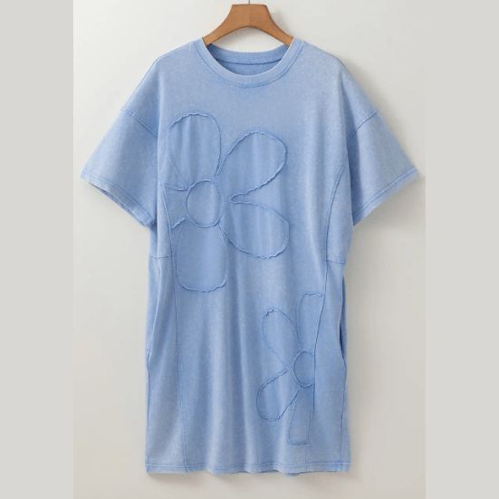 Buffy Sky Blue Mineral Wash Flower Patchwork Mini T Shirt Dress