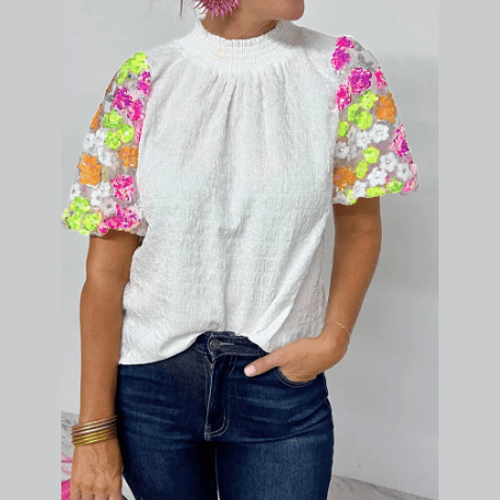 REDUCED!!! Claudette White Smocked Collar Sequin Flower Puff Sleeve Textured Top REDUCED!!!