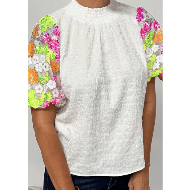 REDUCED!!! Claudette White Smocked Collar Sequin Flower Puff Sleeve Textured Top REDUCED!!!