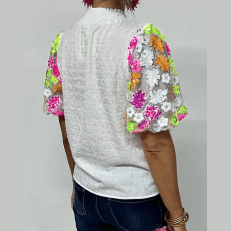 REDUCED!!! Claudette White Smocked Collar Sequin Flower Puff Sleeve Textured Top REDUCED!!!