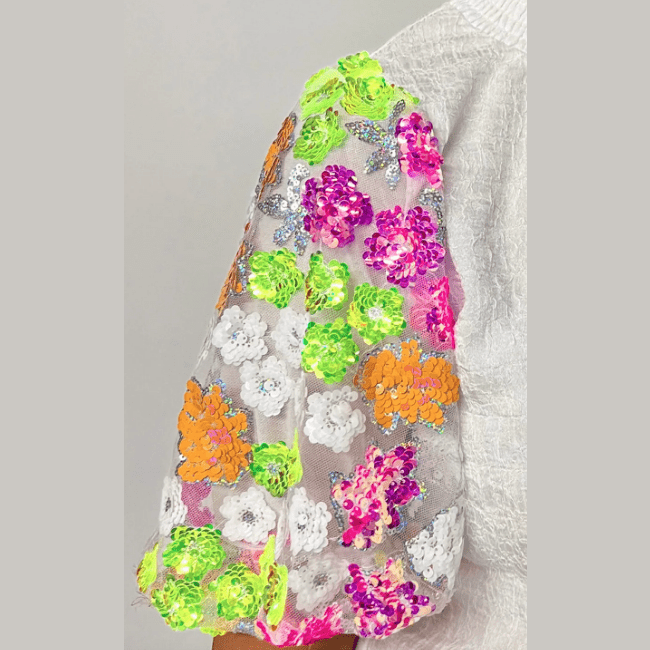 REDUCED!!! Claudette White Smocked Collar Sequin Flower Puff Sleeve Textured Top REDUCED!!!