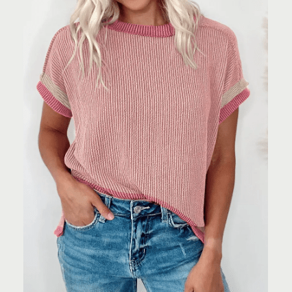 Randi Light Pink Textured Contrast Trim Round Neck T Shirt