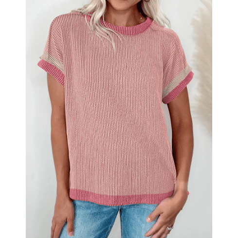 Randi Light Pink Textured Contrast Trim Round Neck T Shirt