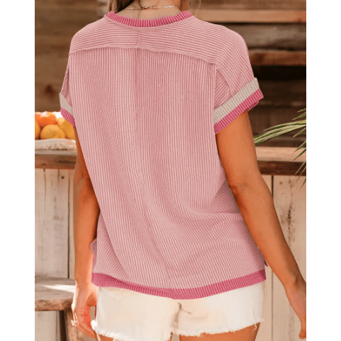 Randi Light Pink Textured Contrast Trim Round Neck T Shirt