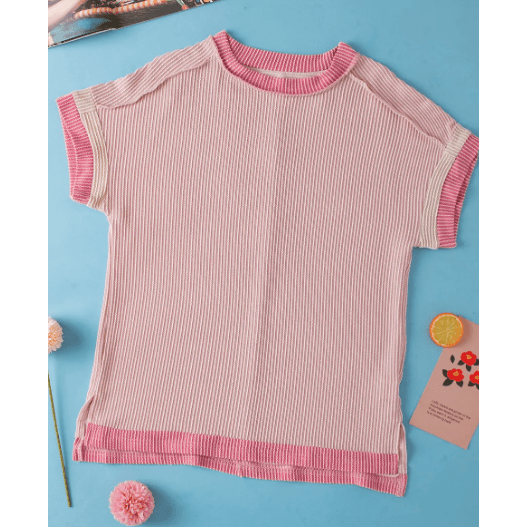 Randi Light Pink Textured Contrast Trim Round Neck T Shirt