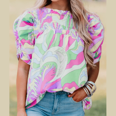 REDUCED!!! Mitzy Green Abstract Print Bubble Sleeve Smock Detail Blouse REDUCED!!!