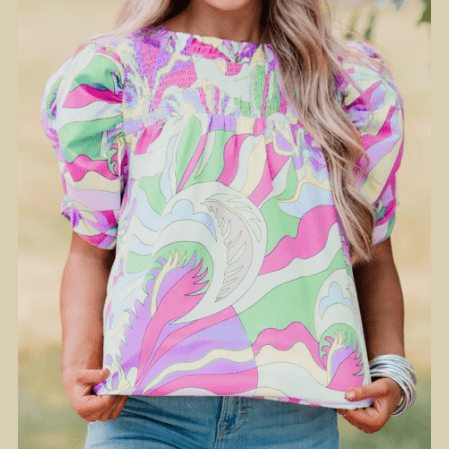 REDUCED!!! Mitzy Green Abstract Print Bubble Sleeve Smock Detail Blouse REDUCED!!!