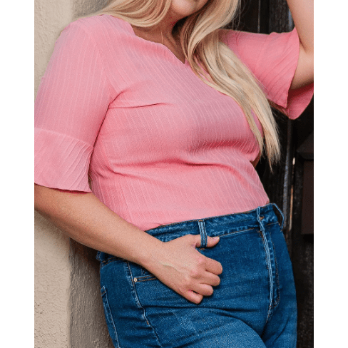RTS Brixslee Peach Blossom Ruffled Half Sleeve V Neck Textured Top