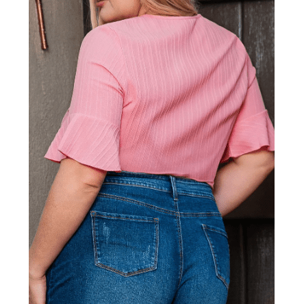 RTS Brixslee Peach Blossom Ruffled Half Sleeve V Neck Textured Top