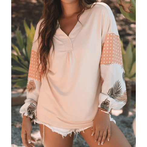 REDUCED!!! Tini Palm Leaves Polka Dot Puff Sleeve Patchwork V Neck Loose Blouse REDUCED!!!