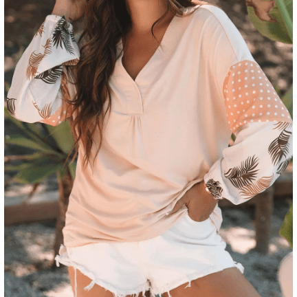 REDUCED!!! Tini Palm Leaves Polka Dot Puff Sleeve Patchwork V Neck Loose Blouse REDUCED!!!