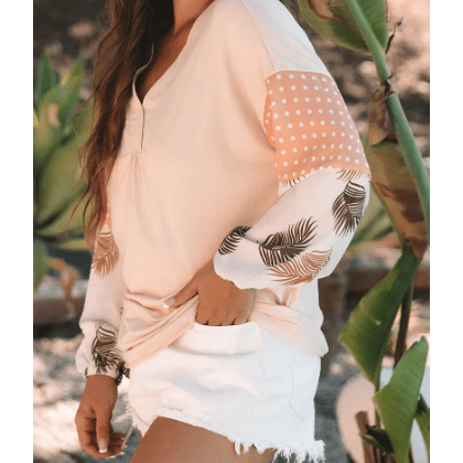 REDUCED!!! Tini Palm Leaves Polka Dot Puff Sleeve Patchwork V Neck Loose Blouse REDUCED!!!