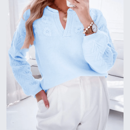 REDUCED!!! Vilma Blue Blossom Flower Detail Knitted Notched Neck Sweater REDUCED!!!