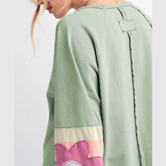 Monella Green Flower Patchwork Raglan Sleeve Exposed Seam Oversized Top