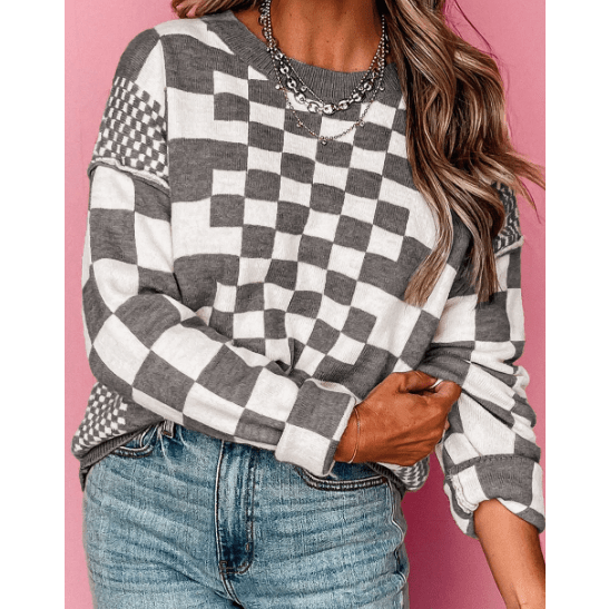 Cheza Grey Checkered Print Drop Shoulder Round Neck Sweater