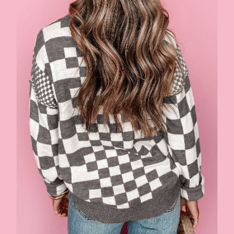 Cheza Grey Checkered Print Drop Shoulder Round Neck Sweater