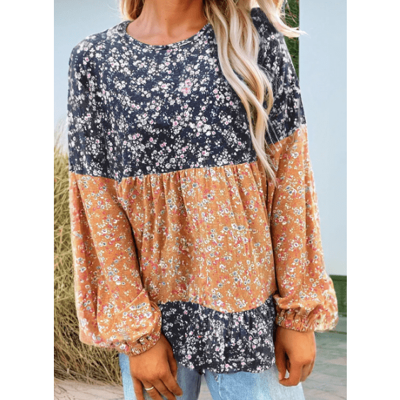 Rosetta Dark Blue Floral Color Block Ruffled Hem Round Neck Blouse