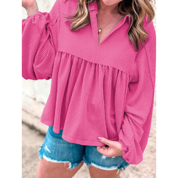 Shanice Hot Pink Corded Turn-down V Neck Bubble Sleeve Babydoll Blouse