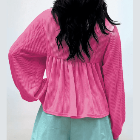 Shanice Hot Pink Corded Turn-down V Neck Bubble Sleeve Babydoll Blouse