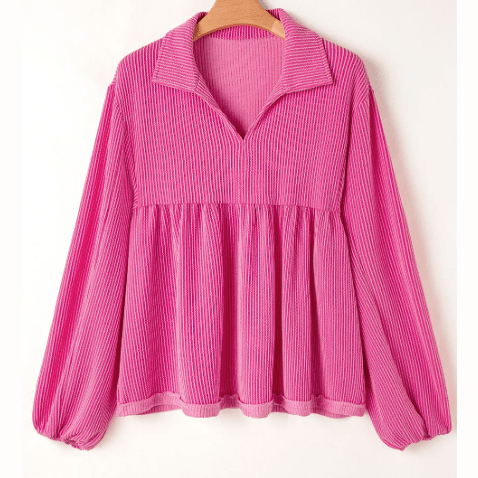 Shanice Hot Pink Corded Turn-down V Neck Bubble Sleeve Babydoll Blouse