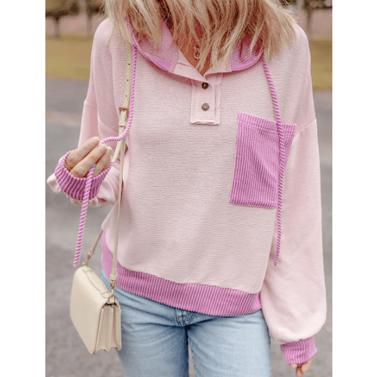 Meggie Pink Corded Colorblock Patch Pocket Drawstring Hooded Top