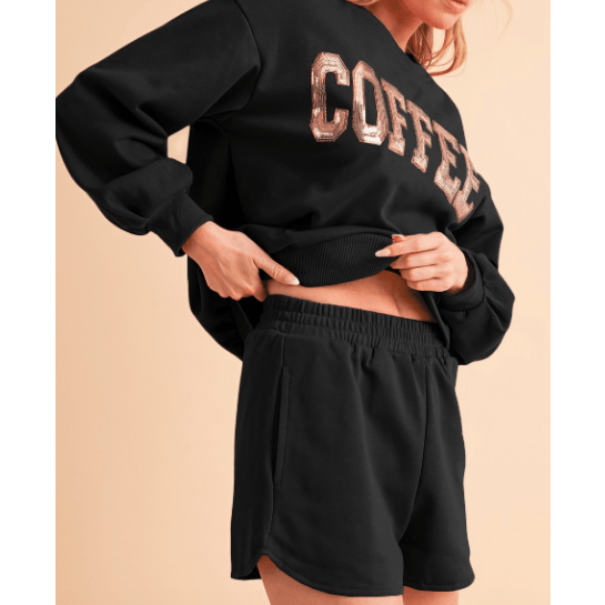 Sequined Black COFFEE Loose Fit Sweatshirt and Shorts Set