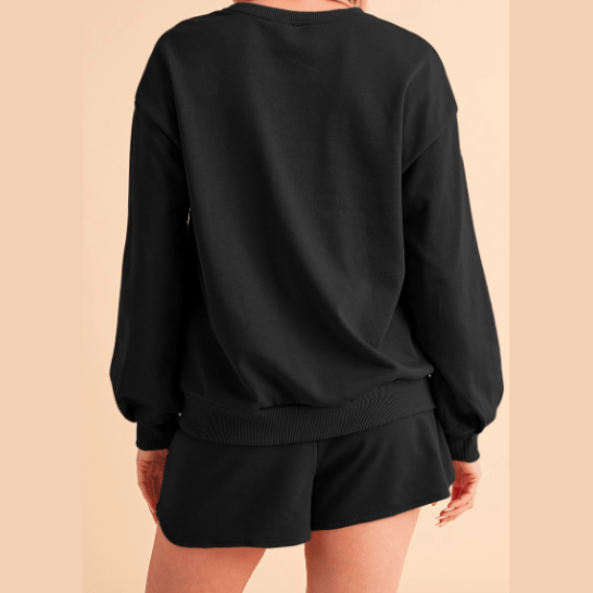 Sequined Black COFFEE Loose Fit Sweatshirt and Shorts Set