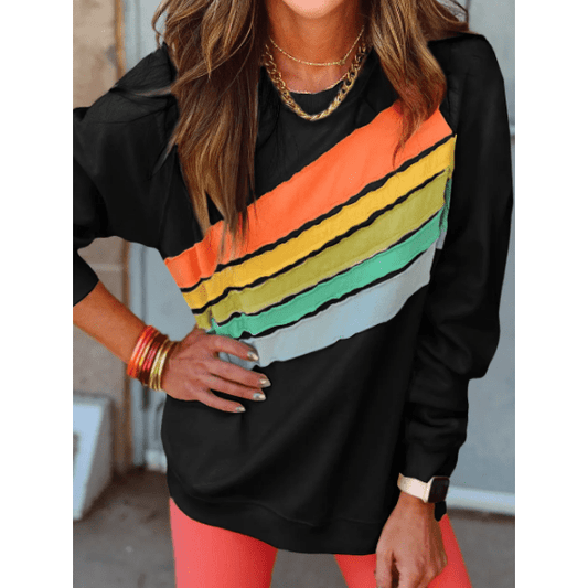 Mari Black Rainbow Colorblock Striped Pullover Sweatshirt