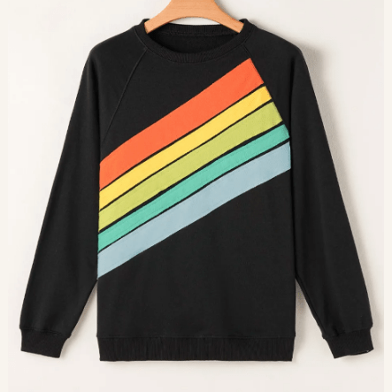 Mari Black Rainbow Colorblock Striped Pullover Sweatshirt