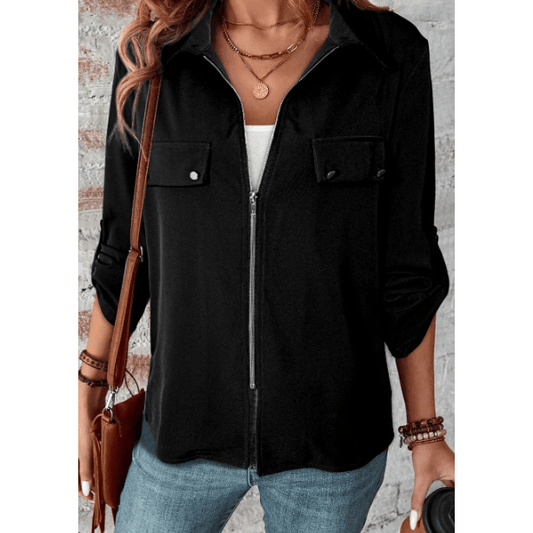 REDUCED!!!  Anetta Black Collar Tab Sleeve Zip Up Flap Detail Jacket  REDUCED!!!