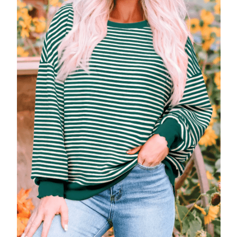 Carina Green Stripe Loose Drop Shoulder Long Sleeve Top