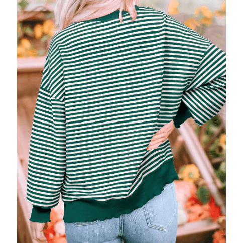 Carina Green Stripe Loose Drop Shoulder Long Sleeve Top
