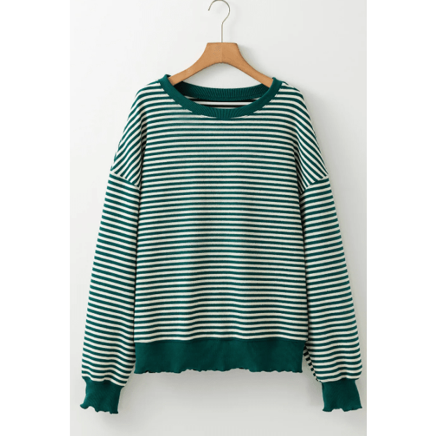 Carina Green Stripe Loose Drop Shoulder Long Sleeve Top