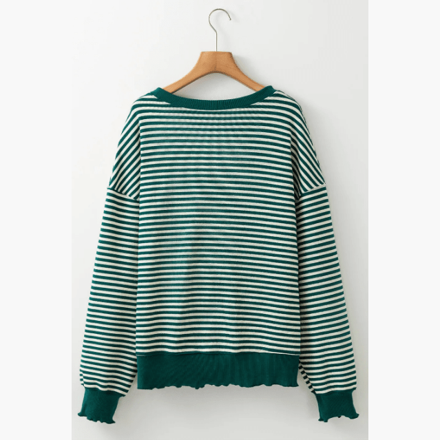 Carina Green Stripe Loose Drop Shoulder Long Sleeve Top