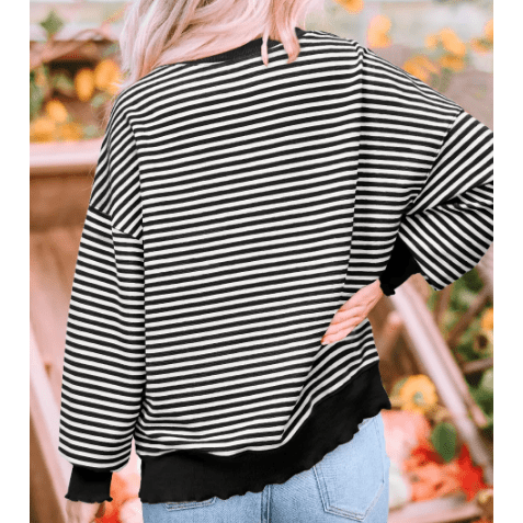 Carina Black Stripe Loose Drop Shoulder Long Sleeve Top