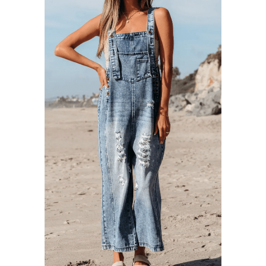 Mackie Stone Blue Distressed Bib Pocket Wide Leg Denim Overall