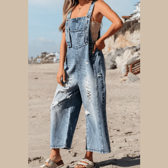 Mackie Stone Blue Distressed Bib Pocket Wide Leg Denim Overall