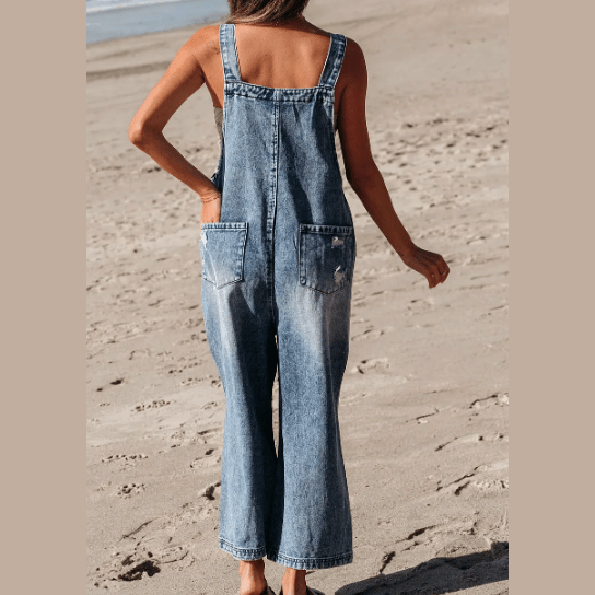 Mackie Stone Blue Distressed Bib Pocket Wide Leg Denim Overall