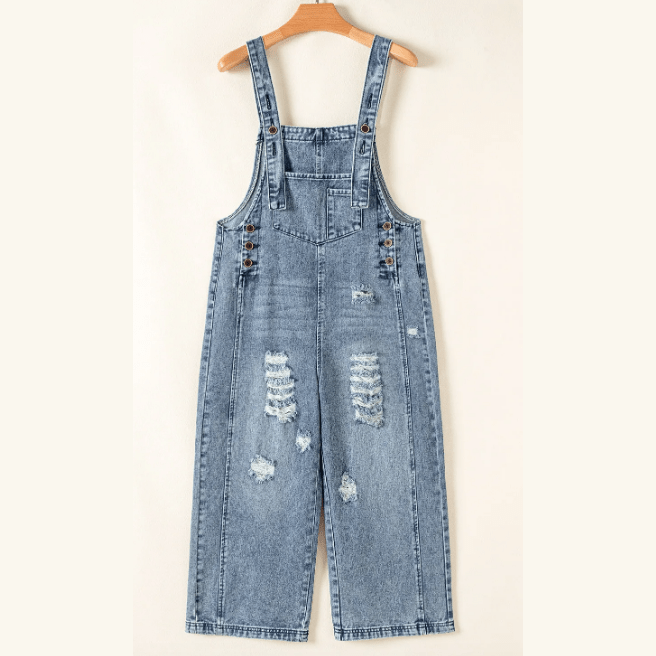 Mackie Stone Blue Distressed Bib Pocket Wide Leg Denim Overall