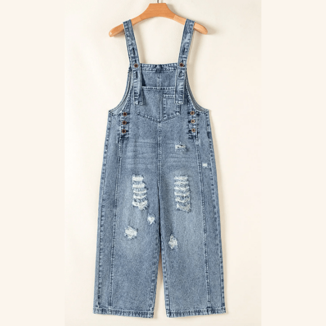 Mackie Stone Blue Distressed Bib Pocket Wide Leg Denim Overall