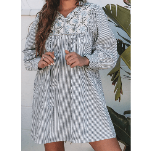 REDUCED!!! Erma Nell Black Stripe Floral Patchwork Tied V Neck Shift Long Sleeve Mini Dress REDUCED!!!