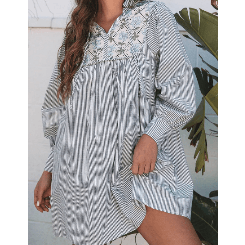 REDUCED!!! Erma Nell Black Stripe Floral Patchwork Tied V Neck Shift Long Sleeve Mini Dress REDUCED!!!