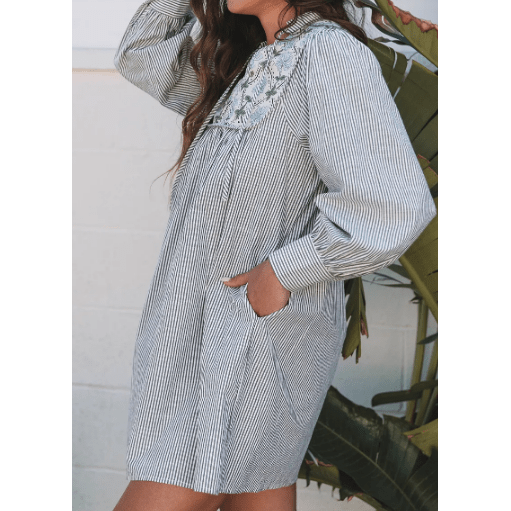 REDUCED!!! Erma Nell Black Stripe Floral Patchwork Tied V Neck Shift Long Sleeve Mini Dress REDUCED!!!