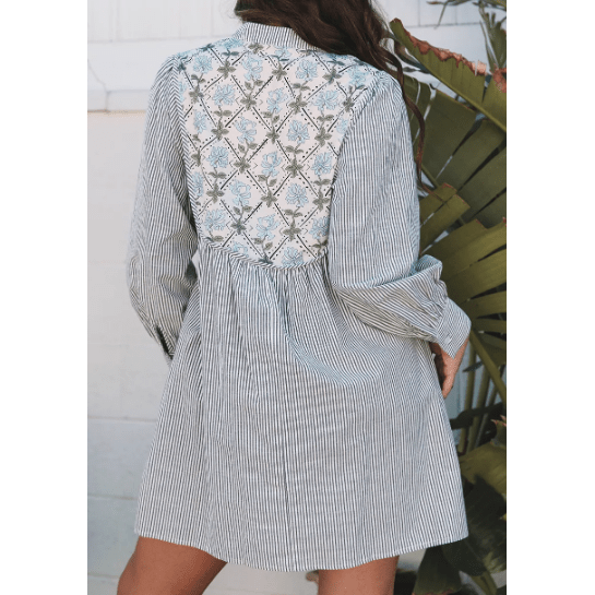 REDUCED!!! Erma Nell Black Stripe Floral Patchwork Tied V Neck Shift Long Sleeve Mini Dress REDUCED!!!